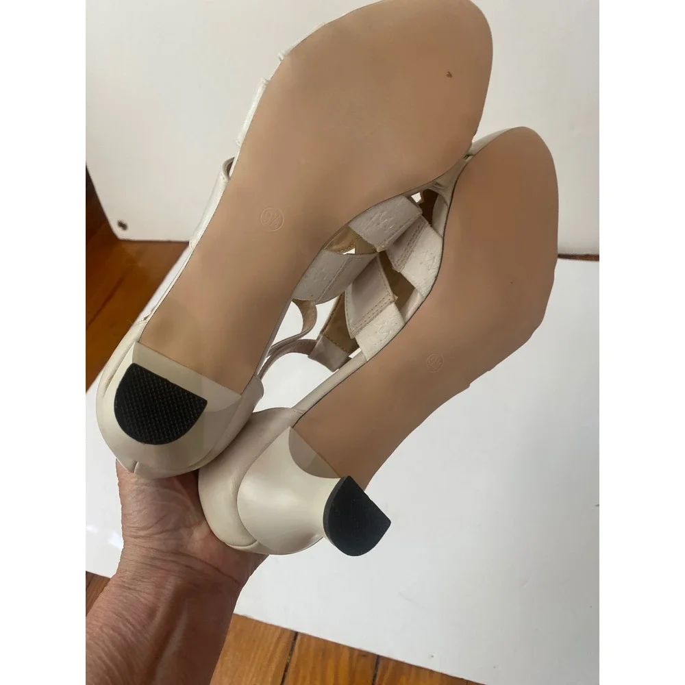 Coutgo Womens Cream T-Strap Pointed Toe Caged Kitten Heels Pumps Size‎ 9.5